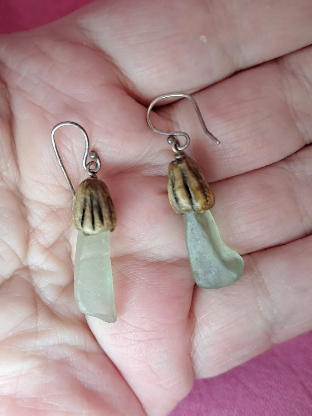 Artisan Green Sea Glass Dangle Earrings w/ Antler Caps (Silvertone)